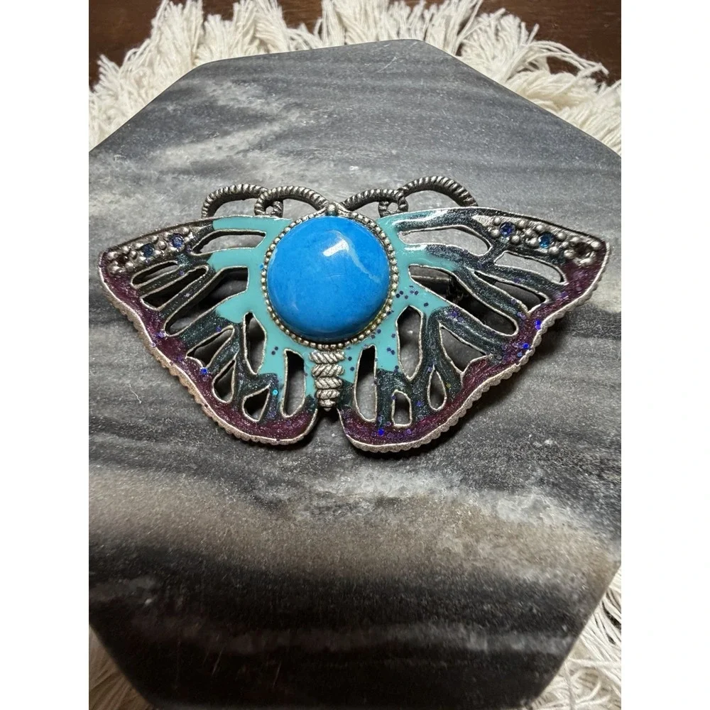 Chicos Handcrafted BUTTERFLY Enamel  Pin Brooch Faux Turquoise